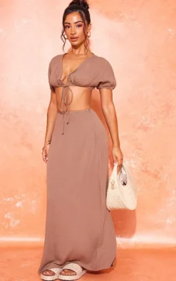 Petite Taupe Cheesecloth Tie Front Crop Top