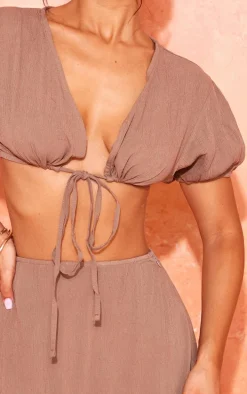 Petite Taupe Cheesecloth Tie Front Crop Top