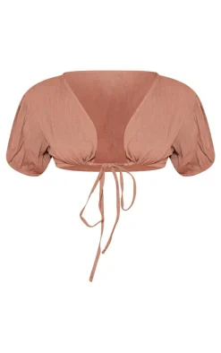 Petite Taupe Cheesecloth Tie Front Crop Top