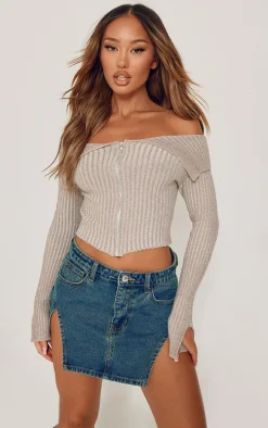 Petite Taupe Contrast Knit Fold Over Zip Top