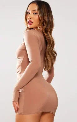 Petite Taupe Cut Out Long Sleeve Mini Bodycon Dress
