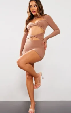 Petite Taupe Cut Out Long Sleeve Mini Bodycon Dress