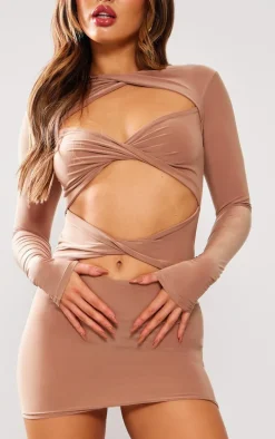 Petite Taupe Cut Out Long Sleeve Mini Bodycon Dress