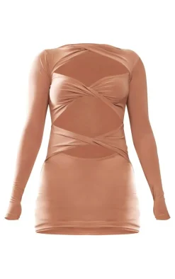 Petite Taupe Cut Out Long Sleeve Mini Bodycon Dress