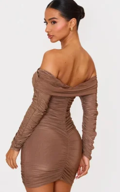 Petite Taupe Double Slinkly Asymmetric Bardot Ruched Mini Dress