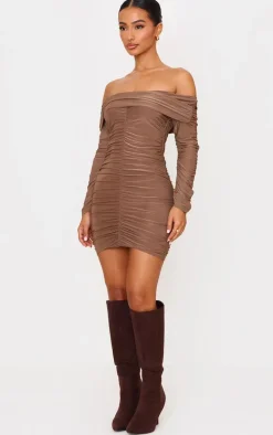 Petite Taupe Double Slinkly Asymmetric Bardot Ruched Mini Dress