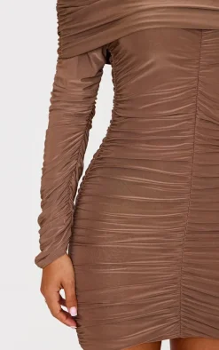 Petite Taupe Double Slinkly Asymmetric Bardot Ruched Mini Dress