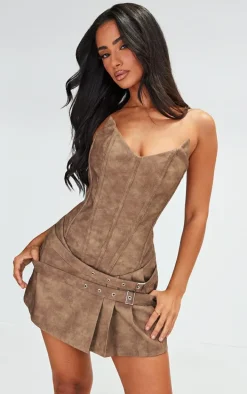 Petite Taupe Faux Leather Bandeau Fitted Mini Dress