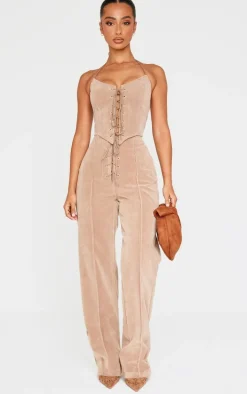 Petite Taupe Faux Suede Lace Up Wide Leg Pants