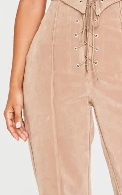 Petite Taupe Faux Suede Lace Up Wide Leg Pants