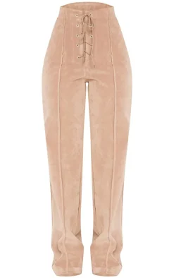 Petite Taupe Faux Suede Lace Up Wide Leg Pants