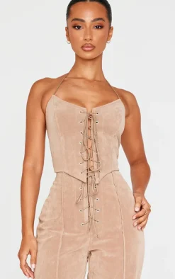 Petite Taupe Faux Suede Lace Up Corset Top