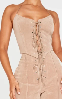Petite Taupe Faux Suede Lace Up Corset Top