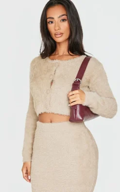 Petite Taupe Fluffy Knit Cropped Cardigan