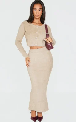 Petite Taupe Fluffy Knit Low Waist Maxi Skirt