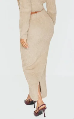Petite Taupe Fluffy Knit Low Waist Maxi Skirt