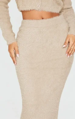 Petite Taupe Fluffy Knit Low Waist Maxi Skirt