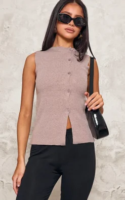 Petite Taupe Knit Asymmetric Button Vest