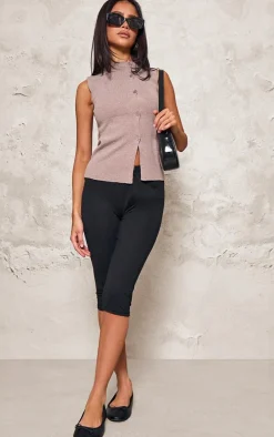 Petite Taupe Knit Asymmetric Button Vest