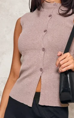 Petite Taupe Knit Asymmetric Button Vest