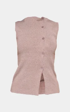 Petite Taupe Knit Asymmetric Button Vest