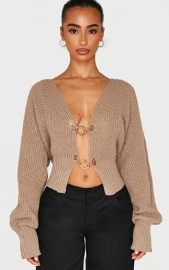 Petite Taupe Knit Clasp Detail Cardigan