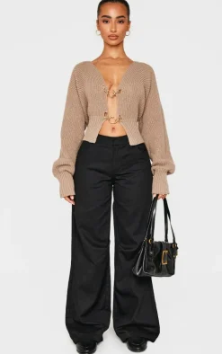 Petite Taupe Knit Clasp Detail Cardigan