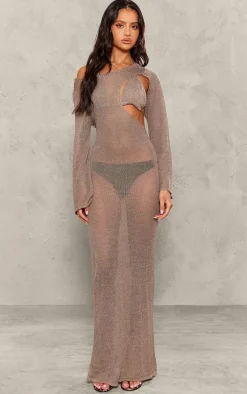 Petite Taupe Knit Cut Out Bralet Detail Maxi Dress