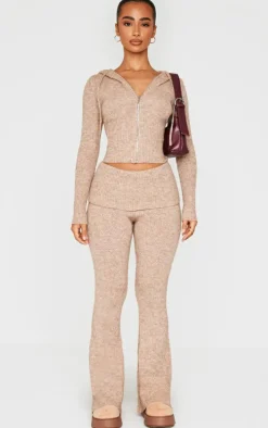 Petite Taupe Knit Foldover Flared Pants