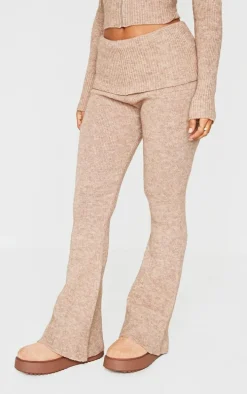 Petite Taupe Knit Foldover Flared Pants