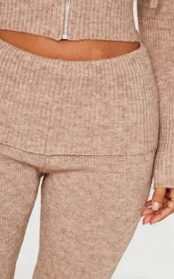 Petite Taupe Knit Foldover Flared Pants