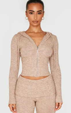 Petite Taupe Knit Long Sleeve Zip Up Hoodie