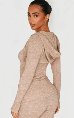 Petite Taupe Knit Long Sleeve Zip Up Hoodie
