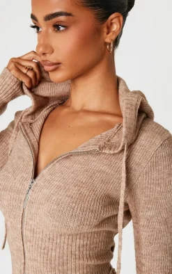 Petite Taupe Knit Long Sleeve Zip Up Hoodie