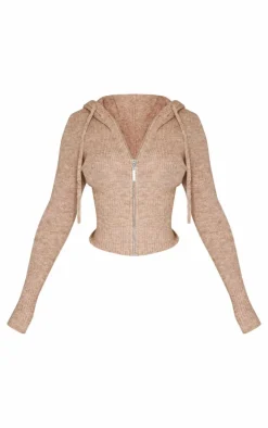 Petite Taupe Knit Long Sleeve Zip Up Hoodie
