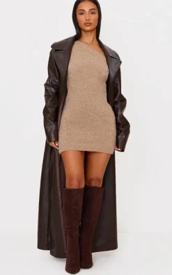 Petite Taupe Knit One Sleeve Mini Dress