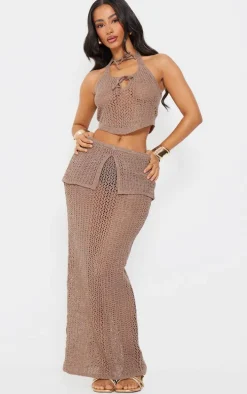 Petite Taupe Knitted Fold Over Midaxi Skirt