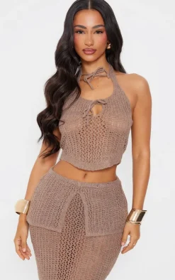 Petite Taupe Knitted Halterneck Cut Out Top With Tie Details