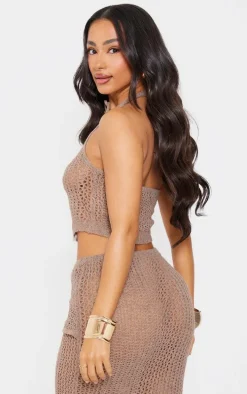 Petite Taupe Knitted Halterneck Cut Out Top With Tie Details