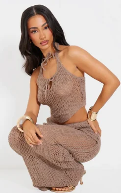 Petite Taupe Knitted Halterneck Cut Out Top With Tie Details