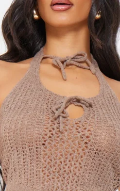 Petite Taupe Knitted Halterneck Cut Out Top With Tie Details