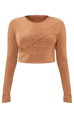 Petite Taupe Long Sleeve Slinky Crop Top