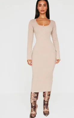 Petite Taupe Long Sleeve Brushed Rib Button Detail Midi Dress