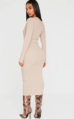 Petite Taupe Long Sleeve Brushed Rib Button Detail Midi Dress