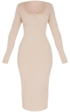 Petite Taupe Long Sleeve Brushed Rib Button Detail Midi Dress