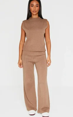 Petite Taupe Marl Soft Knit Wide Leg Pants