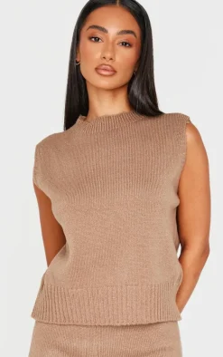Petite Taupe Marl Soft Knit High Neck Sleeveless Top