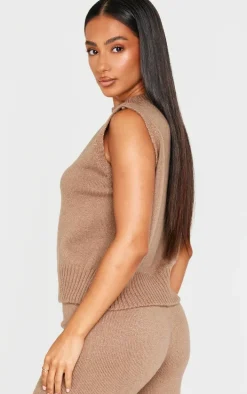 Petite Taupe Marl Soft Knit High Neck Sleeveless Top