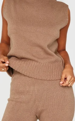 Petite Taupe Marl Soft Knit High Neck Sleeveless Top