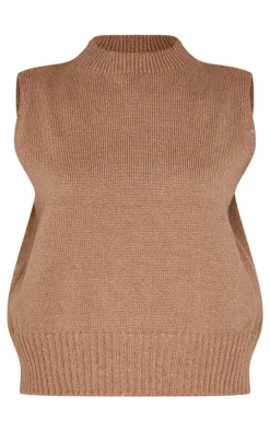 Petite Taupe Marl Soft Knit High Neck Sleeveless Top